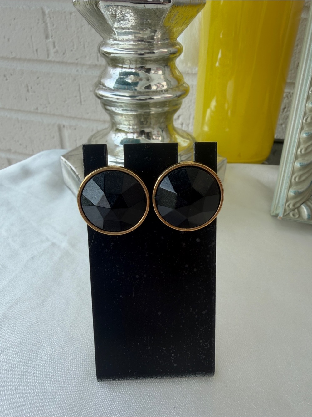 Classic Black Faceted Disc Earrings with Gold Trim